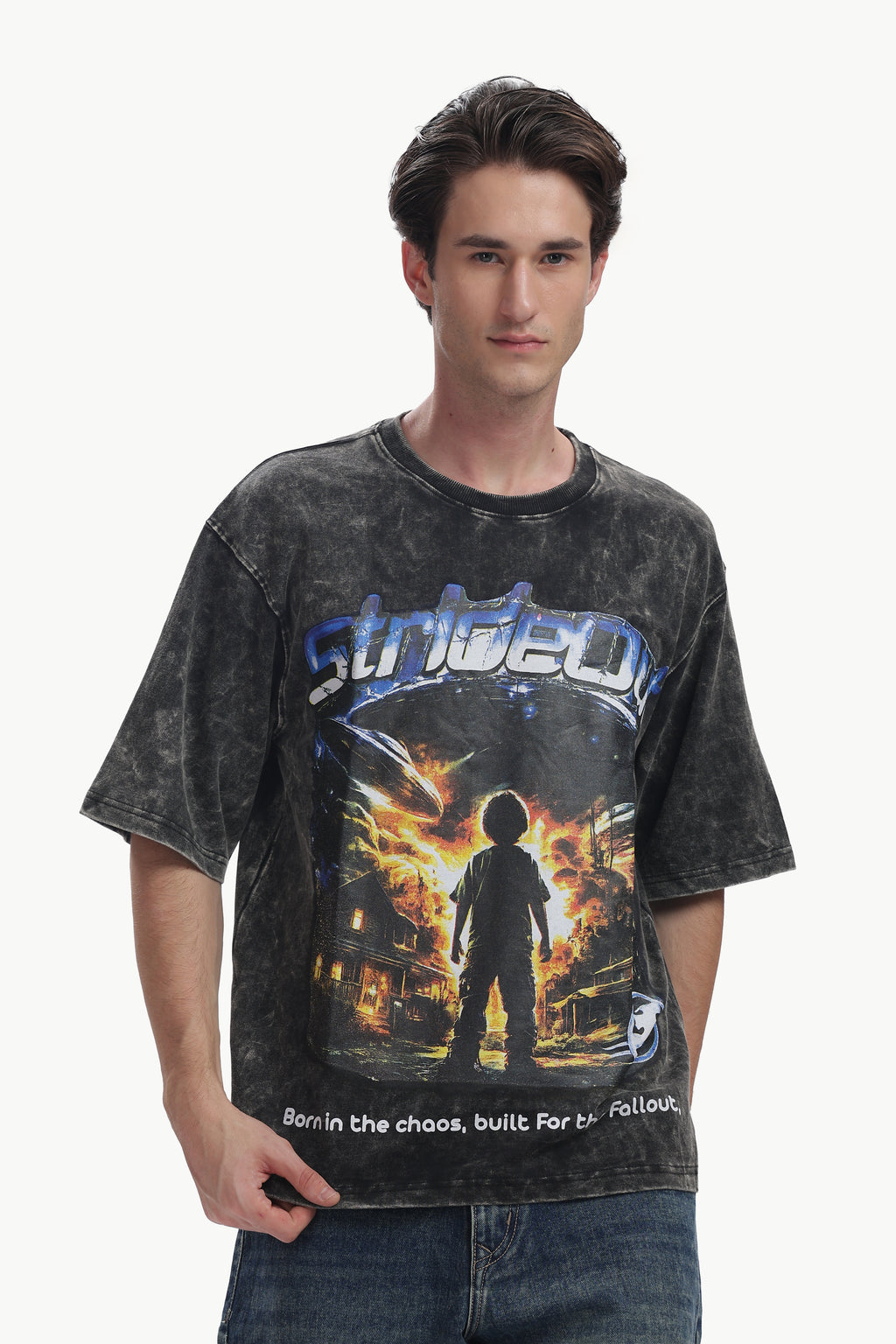 Oversized Acid Wash Box Print T-shirt