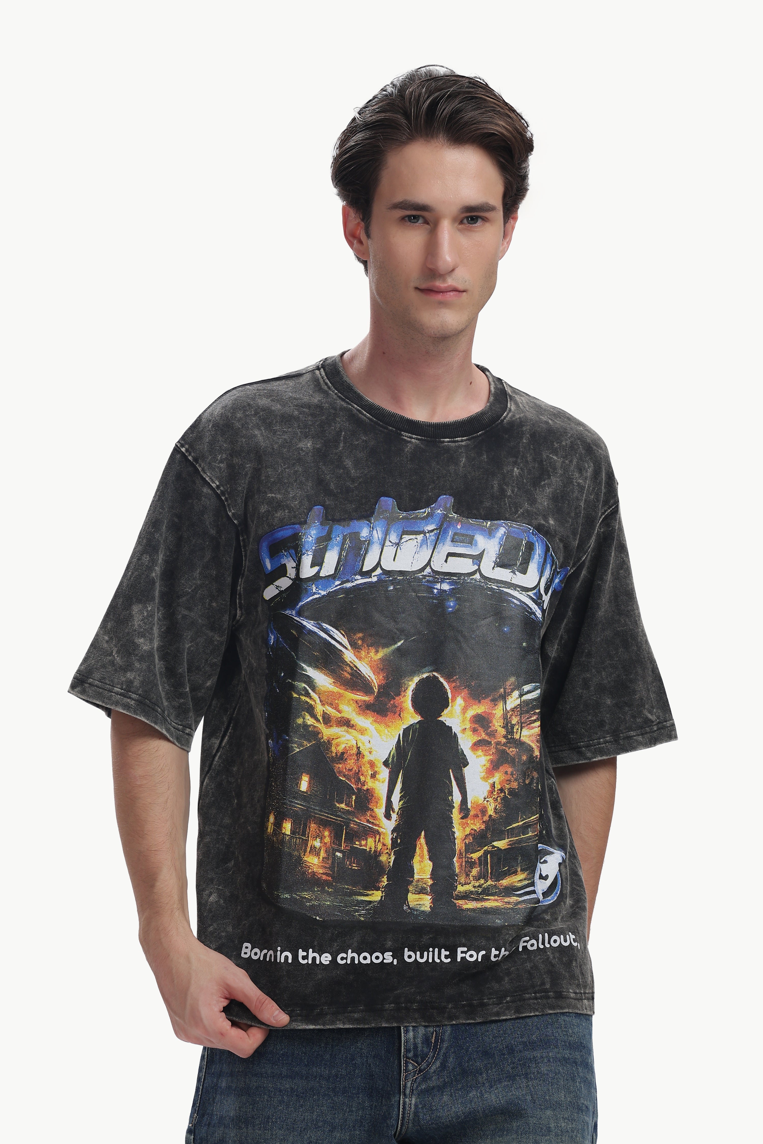 Oversized Acid Wash Box Print T-shirt