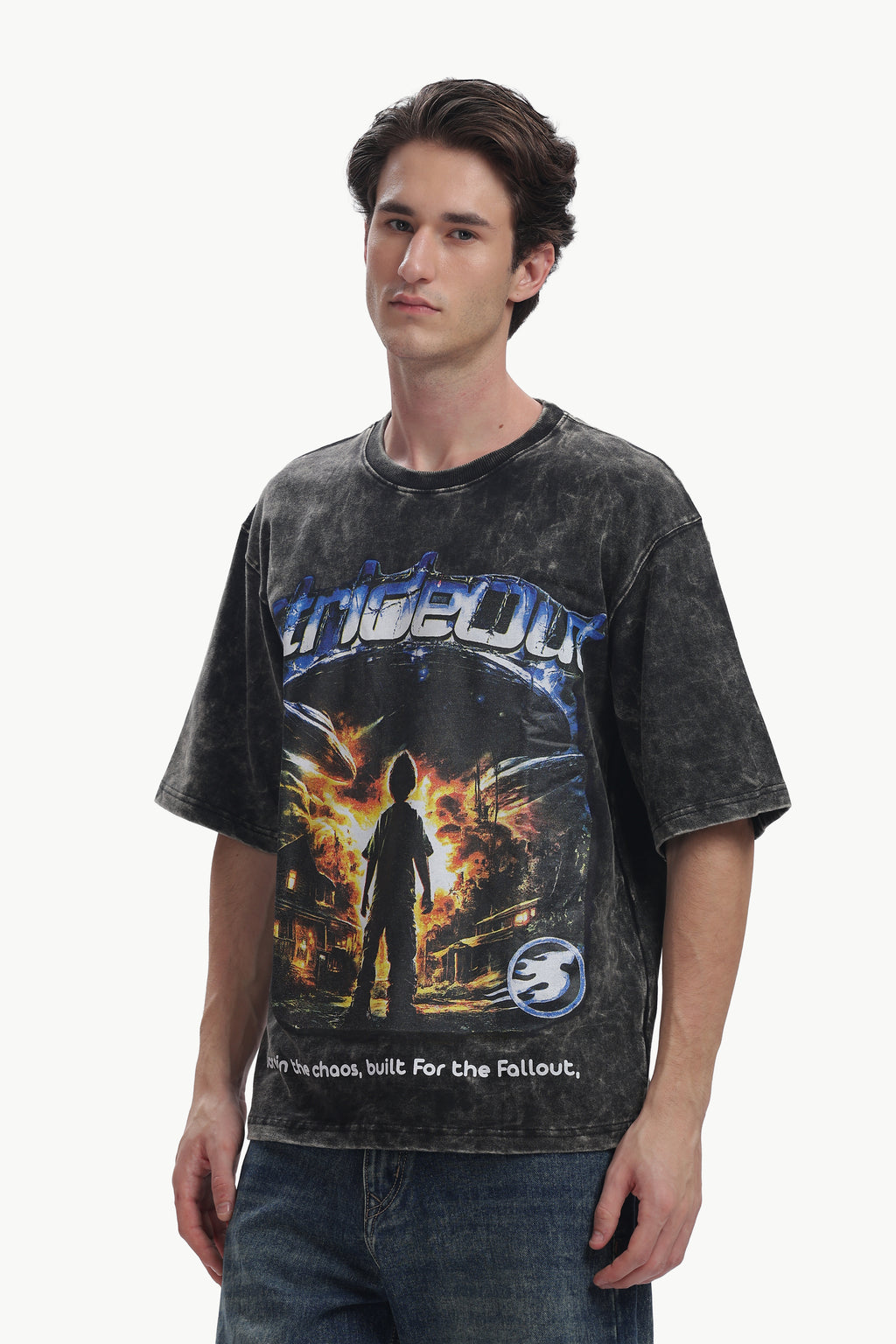 Oversized Acid Wash Box Print T-shirt