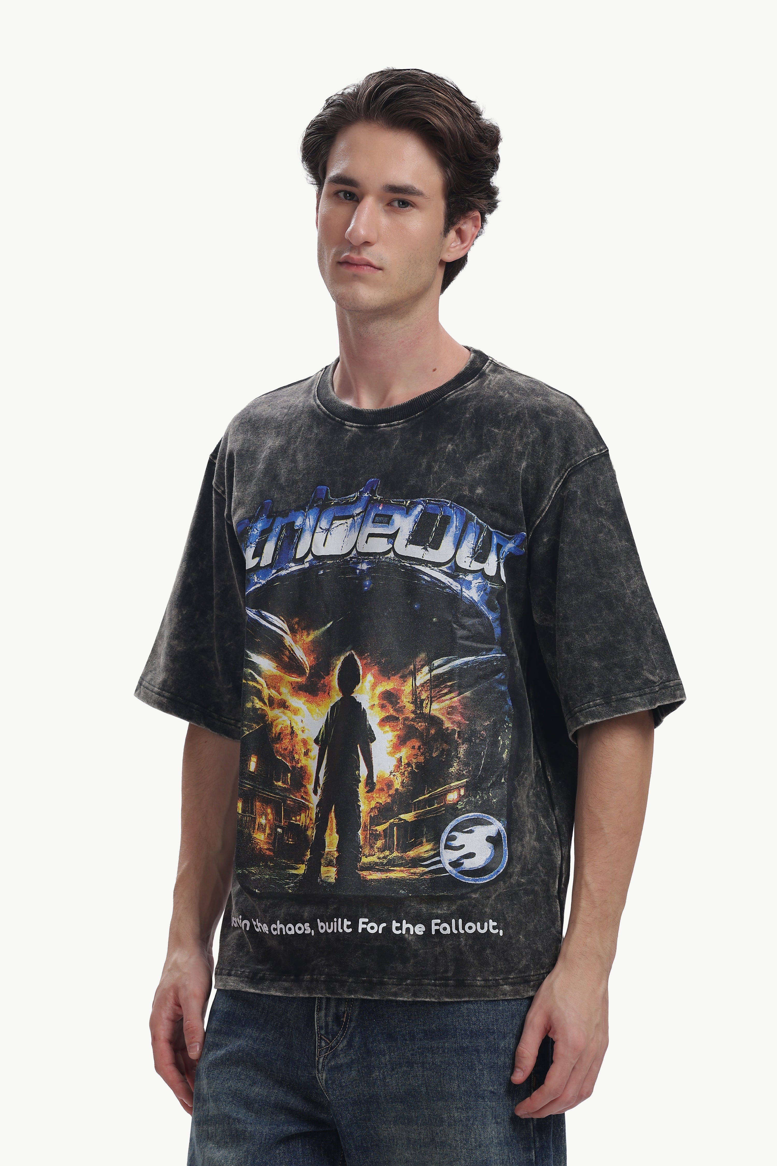 Oversized Acid Wash Box Print T-shirt