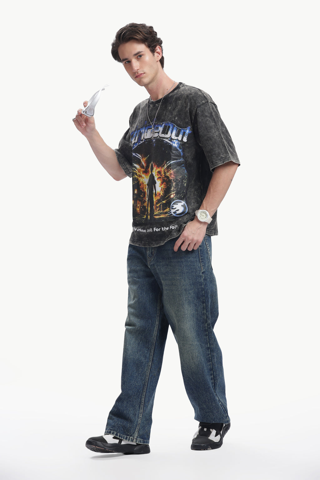 Oversized Acid Wash Box Print T-shirt