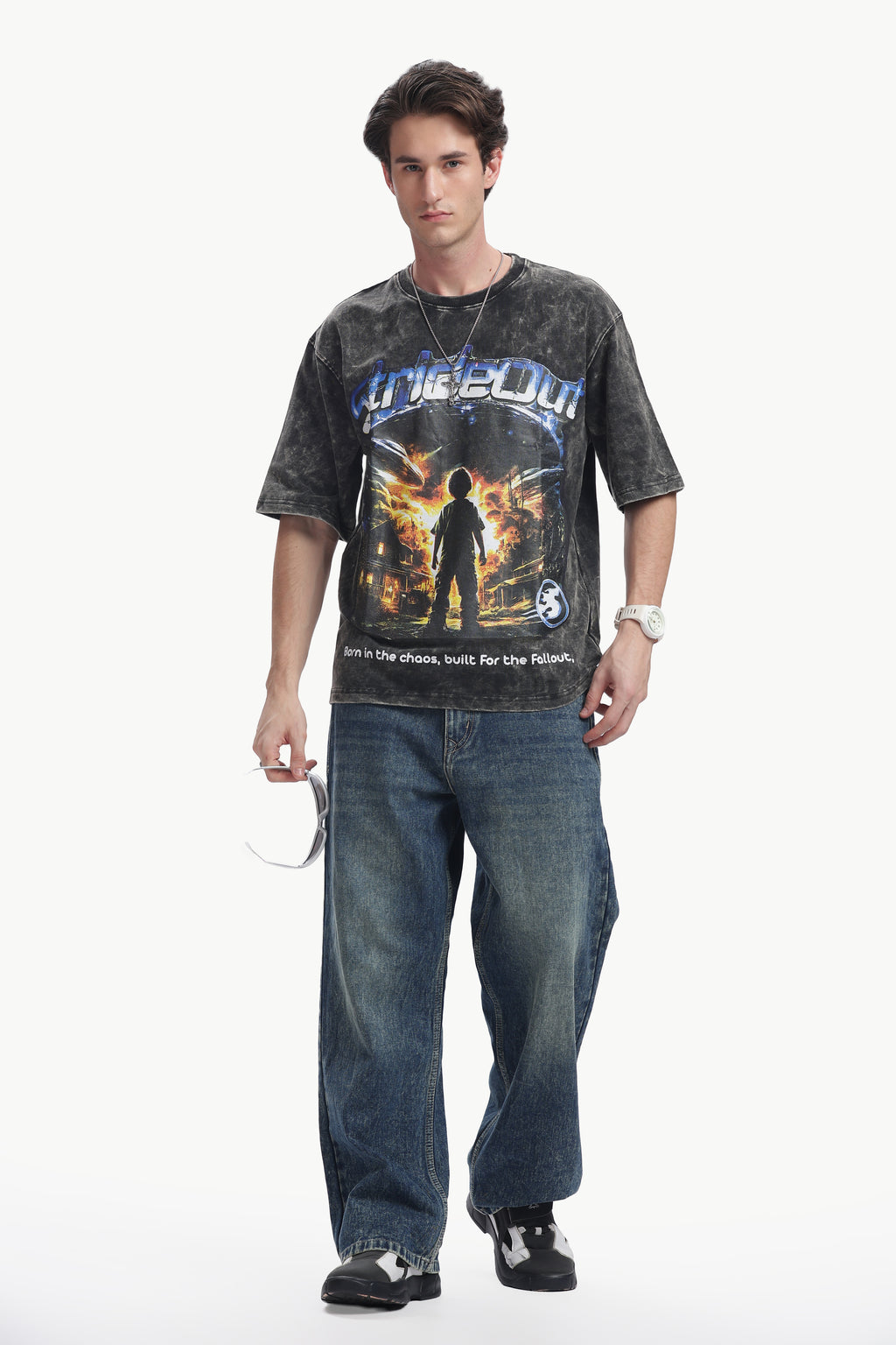 Oversized Acid Wash Box Print T-shirt