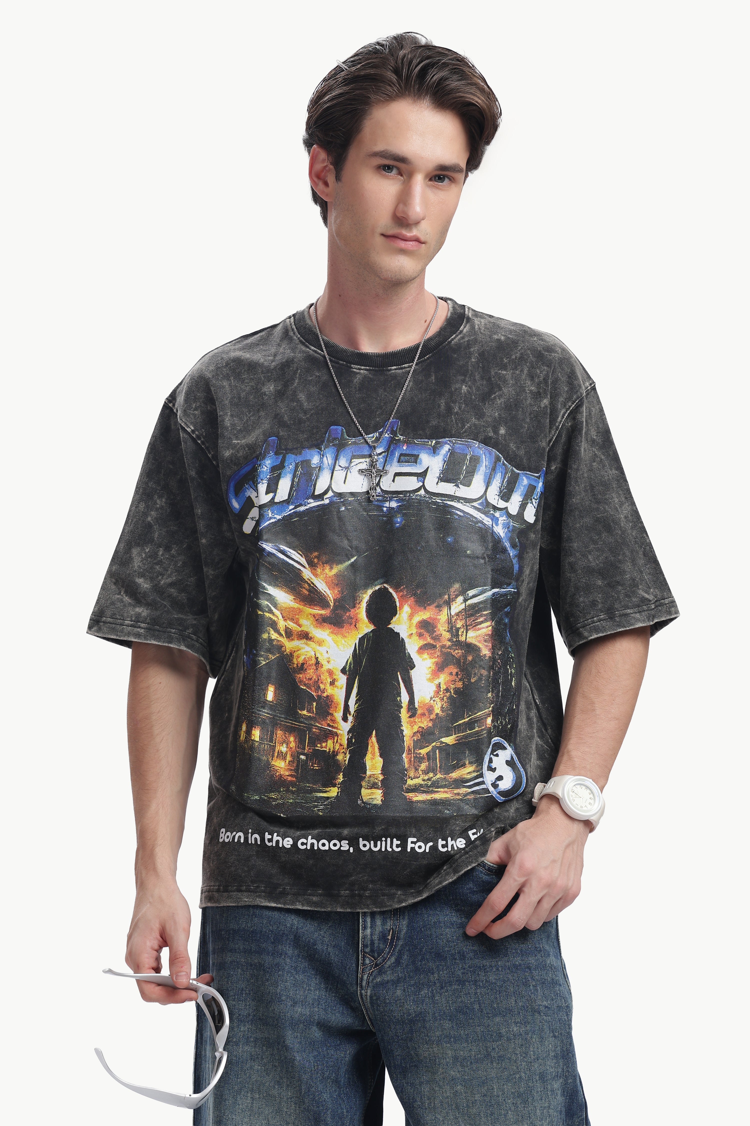 Oversized Acid Wash Box Print T-shirt